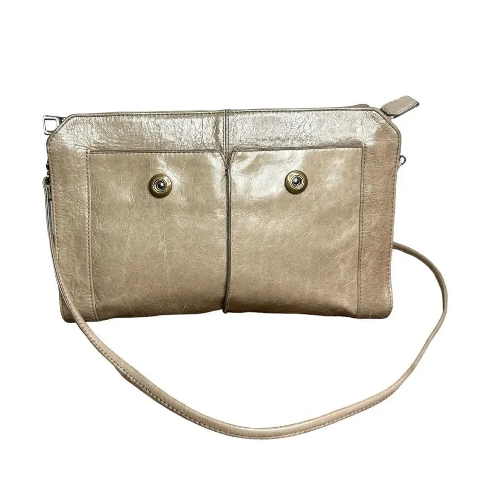 HOBO International Taupe Shiny Crackle Leather Clutch Shoulder Bag Every Day Bag